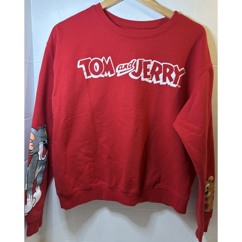 Tom & Jerry SWEATER Size XL Womens Medium Red Graphic Print Long Sleeve Cartoon